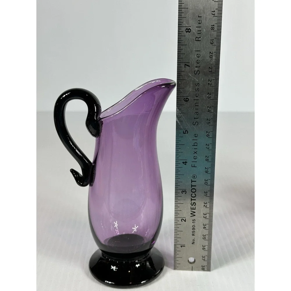 Vintage Purpla Amethyst Art Glass Footed Pitcher Vase Applied Handle Signed 6.5